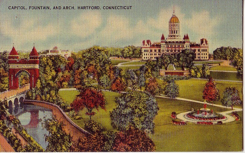 Vintage postcard of the Capitol and Bushnell Park (Connecticut State Capitol Tours)