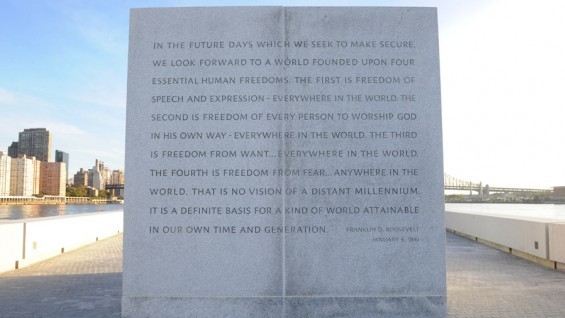 The park includes a number of monuments, such as this which includes a portion of the Four Freedoms Speech. 