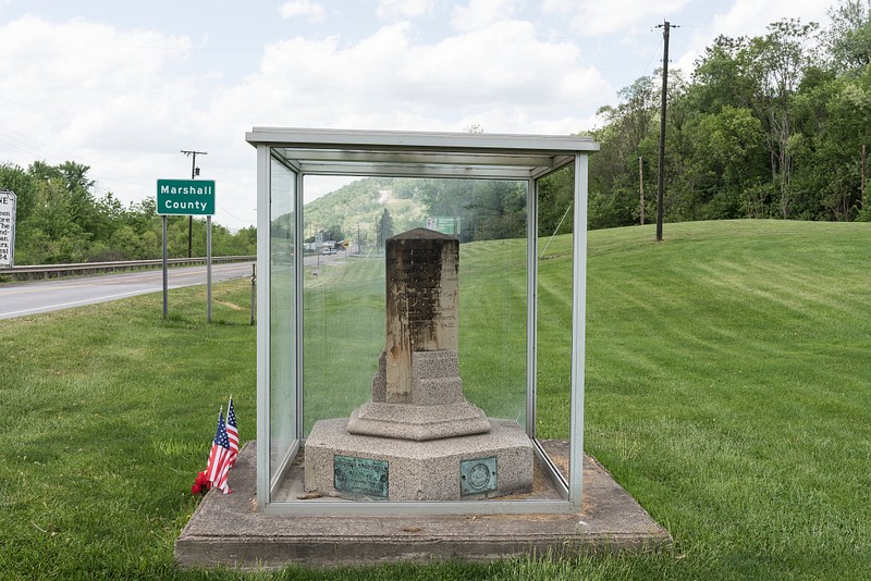 A photo of the Mason Dixon Monument, right beside the Marshall County line.