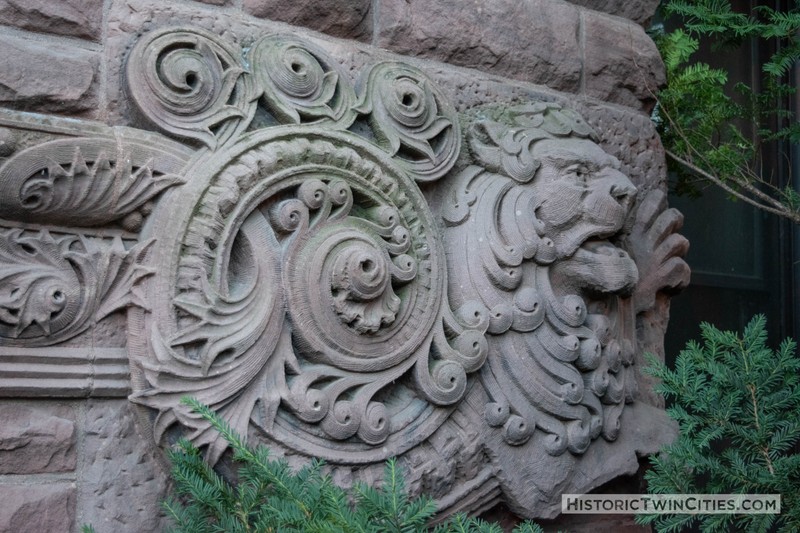 Carvings like this lion adorn the building