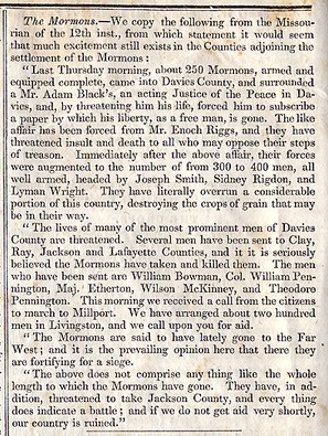 Newspaper article describing open conflict and threats from the Mormons in and around Daviess County