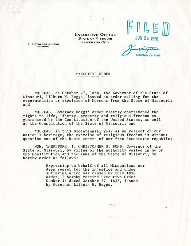 June 25, 1976, Missouri Governor Christopher Bond rescinds Mormon Extermination Order. 