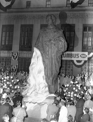 The unveiling of the Christopher Columbus Statue on October 12, 1955 outside of City Hall.