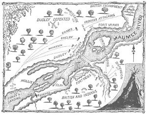 This is a drawn up map of the Siege of Fort Meigs. It shows the fort itself, and the route tactics used in the battle. 