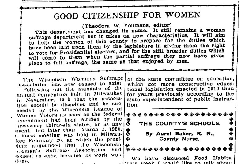 Theodora Winton Youmans announcing the end of the WWSA in the "Waukesha Freeman," March 4, 1920