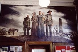 A WPA mural created in 1939 and on display at the post office in nearby Pleasant Hill depicts a family returning to their destroyed home.