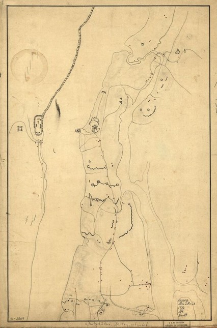 This unfinished c. 1776 map, in the collections of the Library of Congress, shows fortifications and redoubts in New York. Although not labeled, the map includes fortifications built in the time preceding the Battle of Harlem Heights. Library of Congress call number G3804.N4:2M3S3 1776 .N4