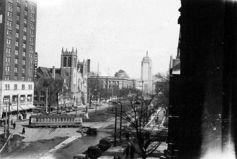 View of Carpenter Tower (Then known as the Tower Hotel) from Johnston Hall, 1940 (“Department of Special Collections and University Archives, Marquette University Libraries, MUA_007281)