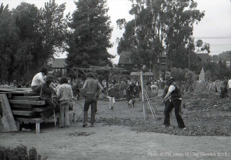 Local residents, students, environmentalists, and other activists work together to create the new "People's Park" on a vacant lot on Telegraph Avenue in Berkeley, April 1969