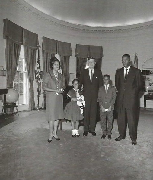 Myrlie, Reena, Darrell and Charles (brother of Medgar) Evers meeting with President John F. Kennedy in the Oval Office after Medgar's death.