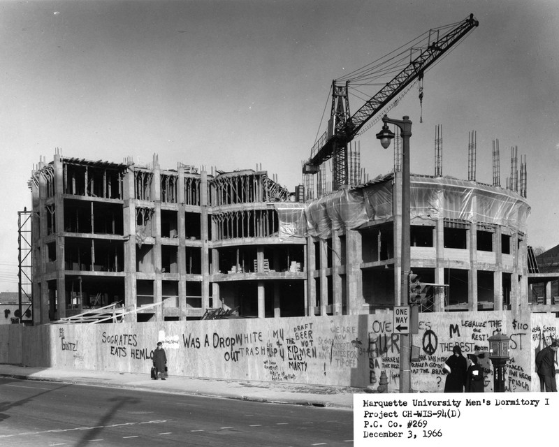 Street-level view of the McCormick Hall construction site, 1966
(“Department of Special Collections and University Archives, Marquette University Libraries, MUA_CB_00741)