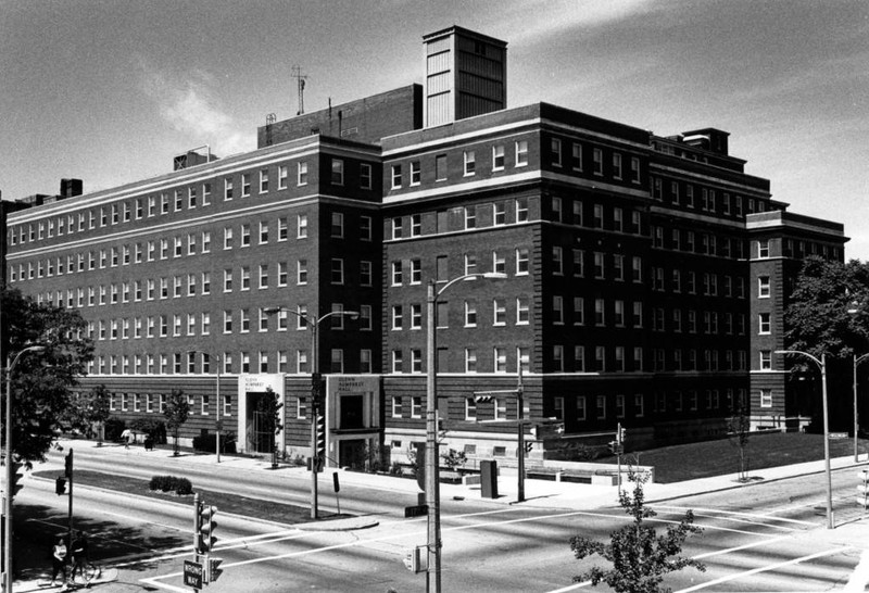 View of the exterior of Humphrey Hall, as seen from 17th Street and Wisconsin Avenue (“Department of Special Collections and University Archives, Marquette University Libraries, MUA_000733)