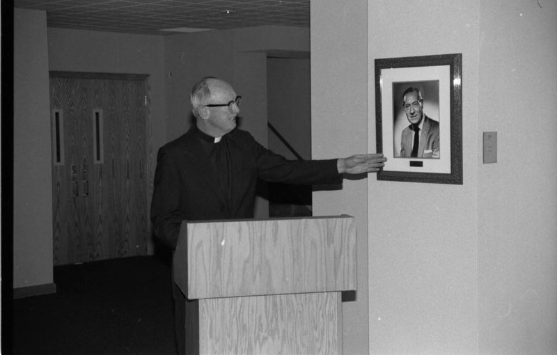 John P. Raynor, S.J., speaks at the Humphrey Hall Dedication, 1990 (“Department of Special Collections and University Archives, Marquette University Libraries, MUA_010132)