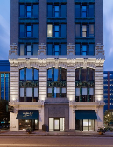 The front façade of the Beaux Arts style Century Building.