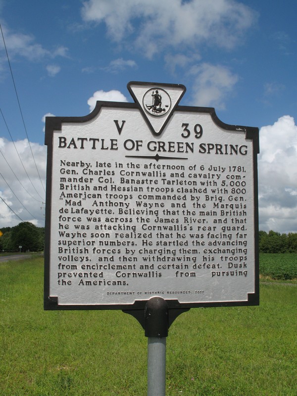 Historical marker for the Battle of Green Spring by Laura Troy on hmdb.org (reproduced under Fair Use).