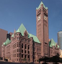 The Minneapolis Municipal Building, also known as City Hall, is on the National Register of Historic Places. It takes up an entire city block. 