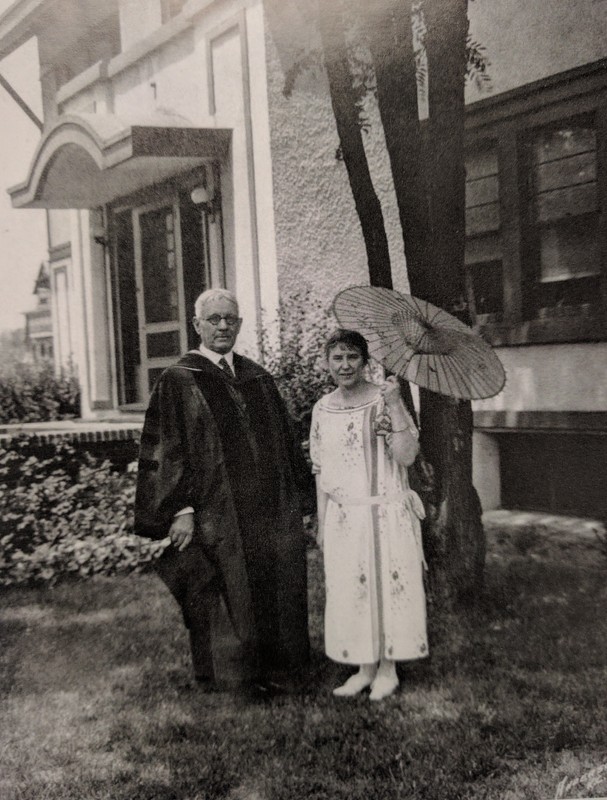 President Frederick Hawley and his wife Pauline Hawley in front of the Park University White House