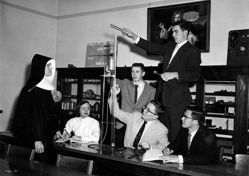 Sister Michaela O'Brien teaches a physics class at St. Mary's Springs Academy in the 1950s.