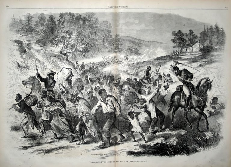 This 1862 image from Harper's Weekly depicts Confederate soldiers taking free people of color they captured to the South where they were sold into slavery similar to the actions of Jenkins' men in 1863. 