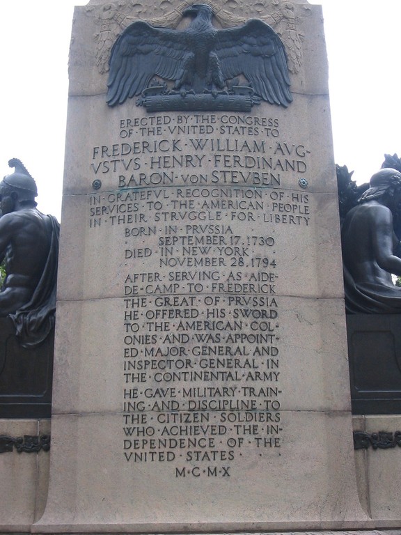 The rear of the monument includes a tribute to von Steuben. 