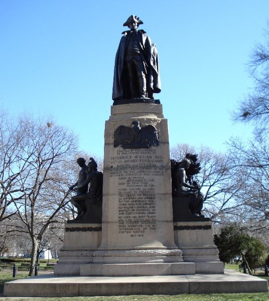 This monument recognizes the service of Baron von Steuben who helped train and lead American soldiers in the Revolutionary War. 