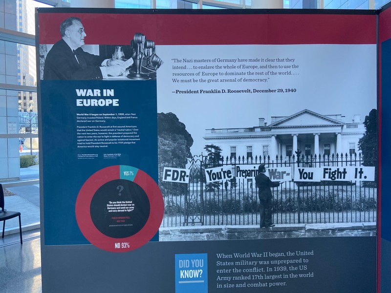 A black and white image of President Franklin D. Roosevelt, and a circle graph indicating that 93% of Americans voted "no" in an opinion poll about the US declaring war on Germany.