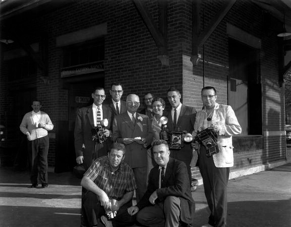 Truman and Reporters in front of the Independence Station- 97-26 (Truman Library)