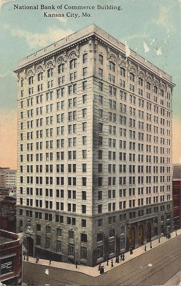 Postcard of the building, labeled here as the National Bank of Commerce Building. Image obtained from Squeeze Box City.