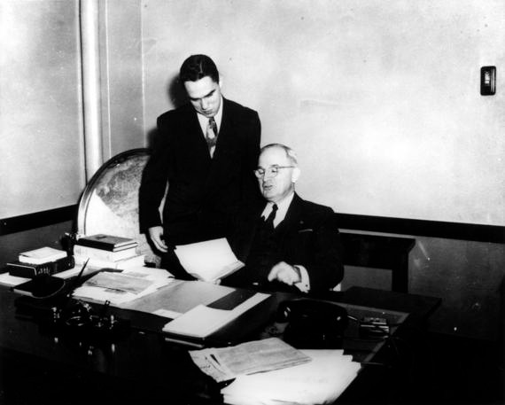 President Truman sitting in his office at the Federal Reserve Building (circa 1955), 2006-57 (Truman Library)