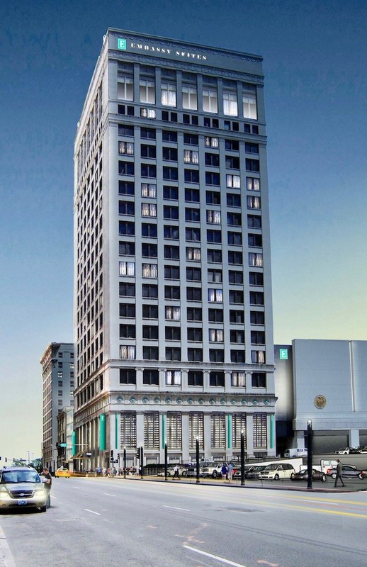 The Federal Reserve Building is currently being converted into an Embassy Suites hotel, as seen in this artist rendering. Image obtained from CitySceneKC. 