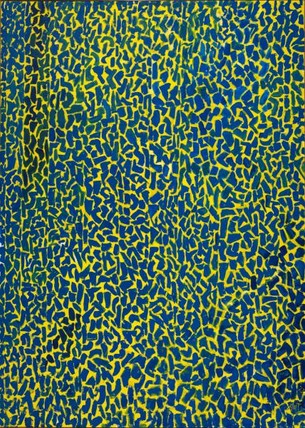 Alma Thomas, Aquatic Gardens, 1973.  Painting by Alma Thomas, which consists of small short strokes of navy blue, yellow, and green shades arranged on a dark background peeking through. 