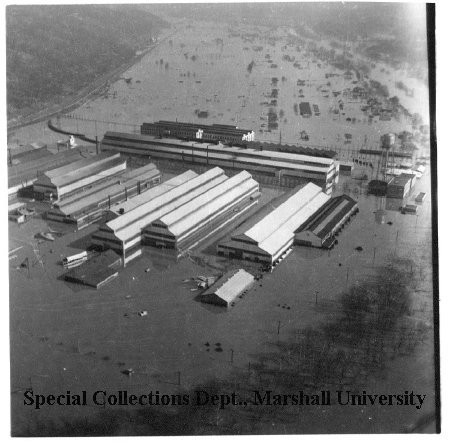 Aerial view of the nickel plant during the flood of 1937