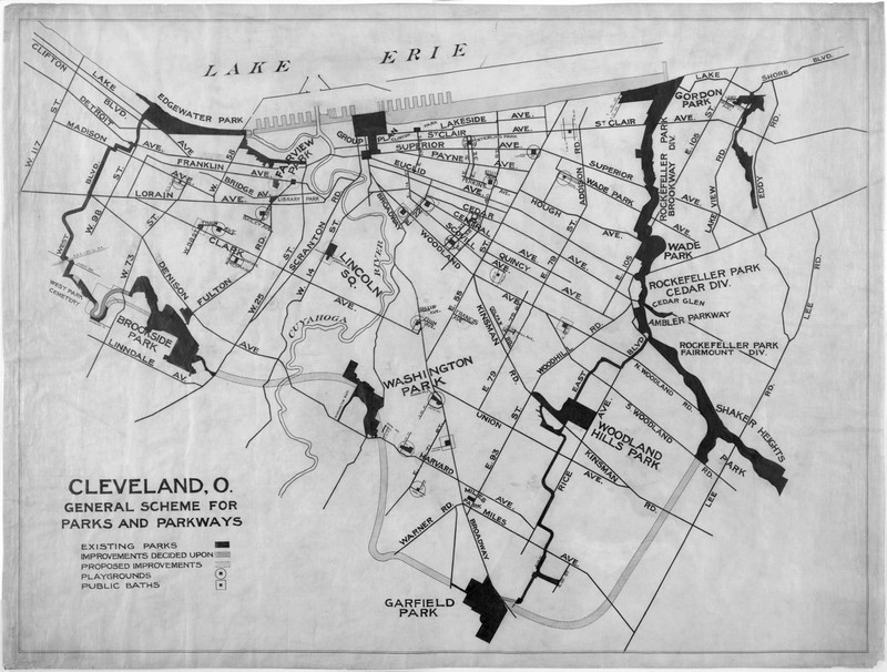 General Scheme for Parks and Parkways, 1890-1910. The bolded lines and areas on this map indicate proposed pathways between major parks around Cleveland.