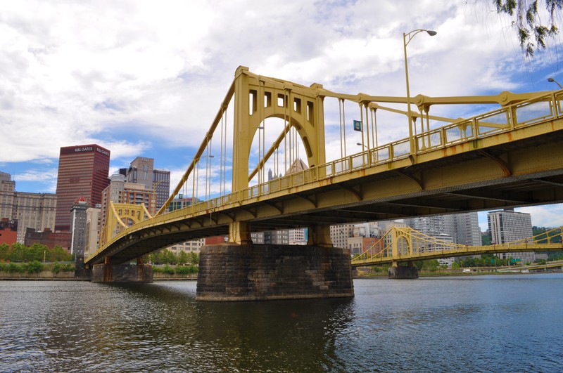 The Andy Warhol Bridge spans the Allegheny River and connects downtown Pittsburgh with its North Shore.  The Roberto Clemente Bridge can be seen in the background.  
