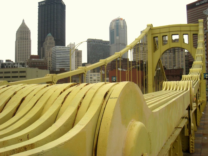 A close-up of one of the Warhol Bridge's eye-bar catenaries, which were used rather than cables in its construction.