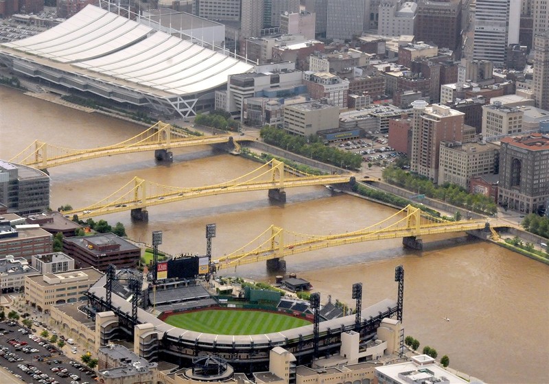 Pittsburgh's "Three Sisters" with the Warhol Bridge flanked by the Roberto Clemente (foreground) and Rachel Carson (background) Bridges.  