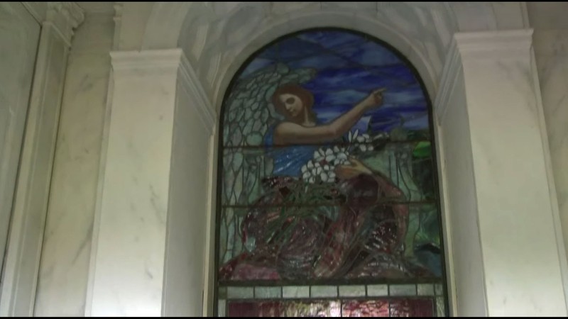 Stained glass window viewed inside Morgan Mausoleum