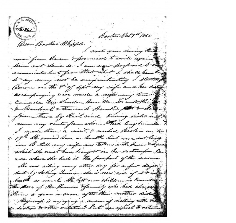 An excerpt from a letter written by Hiram Wilson to Brother Whipple describing his adjustment to living in Canada and the plight of fugitives slaves desperately looking for refuge on Canadian soil (Image Credited to Huron University "The Letters of Hiram Wilson").  