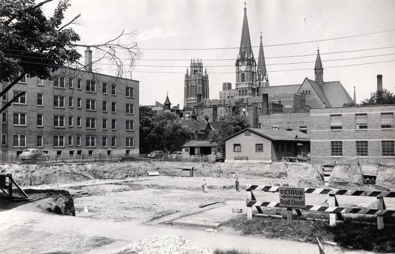 View from 14th Street of the construction site of the Brooks Memorial Union (“Department of Special Collections and University Archives, Marquette University Libraries, MUA_CB_00439)