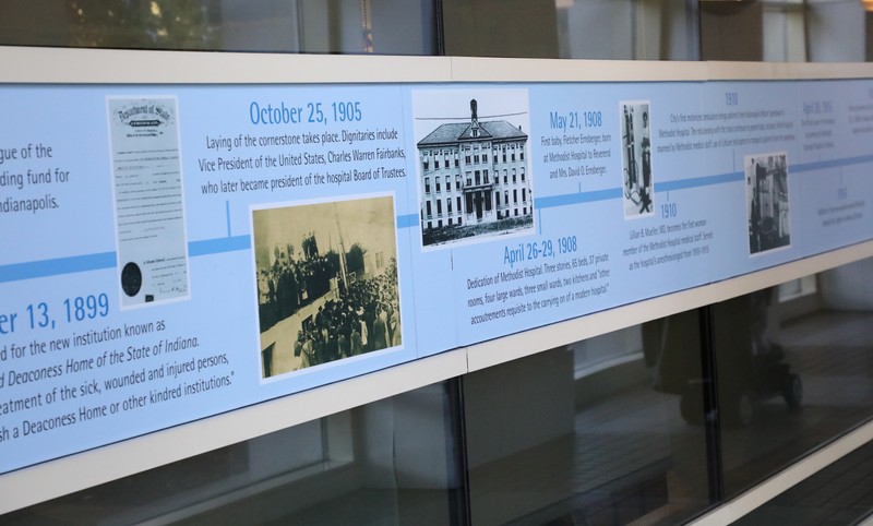A picture of the timeline that lines Methodist Hospital entry