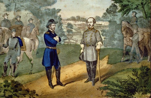 Painting depicting the surrender of Joseph E. Johnston at Bennett Place, North Carolina, April 26th, 1865. Original held at the Library of Congress.