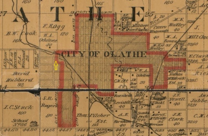 Parker House location (yellow arrow) on edge of Olathe on 1886 map (Edwards)