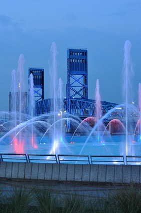 View of the bridge through the fountain's jets