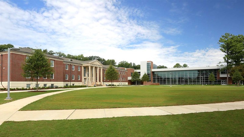 Refurbished Morton Hall along with new extension from across the quad.