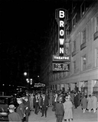 Brown Hotel and Theatre, Louisville, Kentucky, night scene, 1925. The lit marquee includes the theater's first performance. ULPA CS 067722, Caufield & Shook Collection, Photographic Archives, University of Louisville, Louisville, Kentucky, http://dig