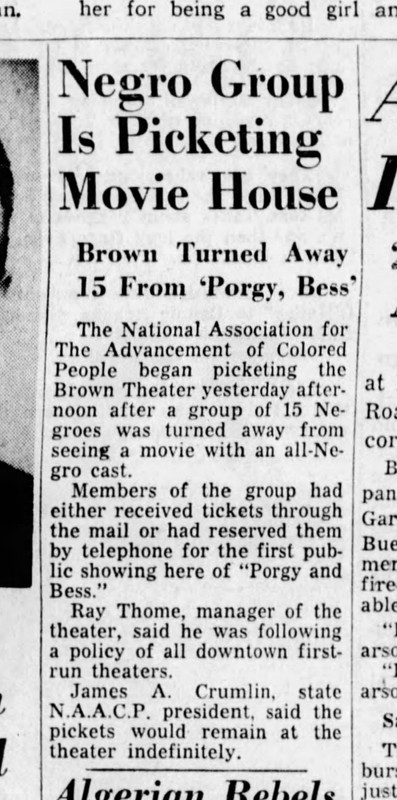 Small article from local newspaper regarding the December 25, 1959 protest. "Negro Group is Picketing Movie House: Brown Turned Away 15 from 'Porgy, Bess,'" The Courier-Journal (Louisville, KY), Dec. 26, 1959.