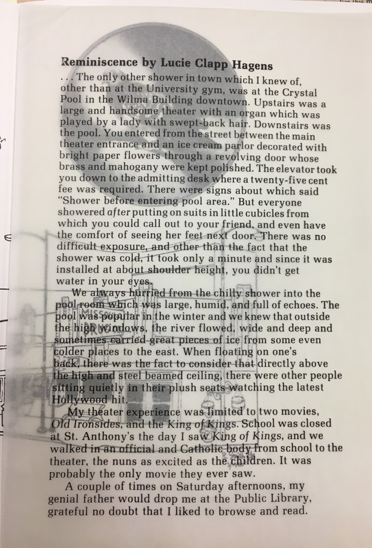 The other inside page of the program from 1981. It features a reminiscence of activities participated in in the Wilma building by Lucie Clapp Hagens. 