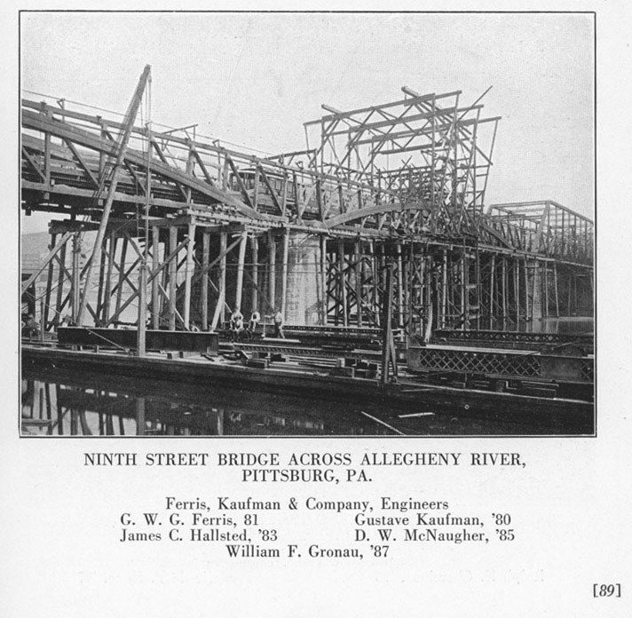 The second 9th Street Bridge is shown being constructed while the old, wooden covered bridge is simultaneously torn down in 1890.