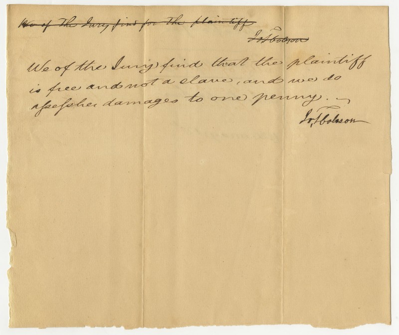 Verdict awarding Rachel Findlay her freedom, May 13, 1820, Powhatan County (Va.) Judgments (Freedom Suits), 1807-1844, image courtesy of the Library of Virginia.