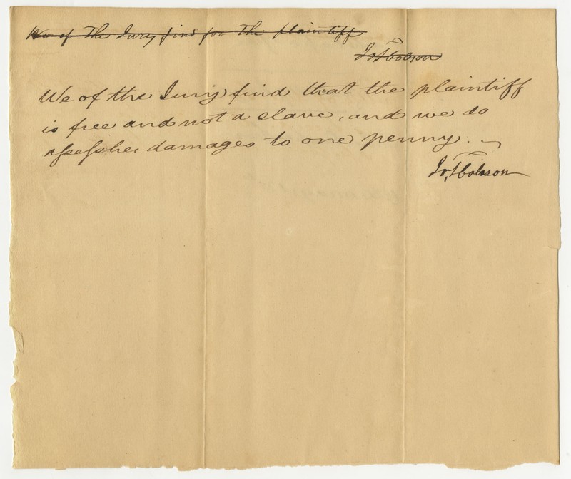 Verdict awarding Rachel Findlay her freedom, May 13, 1820, Powhatan County (Va.) Judgments (Freedom Suits), 1807-1844, image courtesy of the  Library of Virginia.